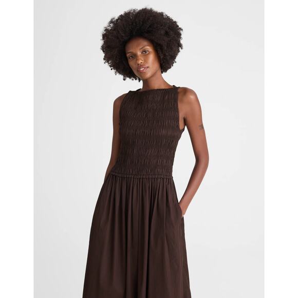 Madewell The Melody Smocked Midi Dress Cotton Molasses Brown A Line Small NWT - Picture 2 of 14